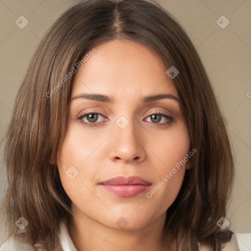 Neutral white young-adult female with medium  brown hair and brown eyes