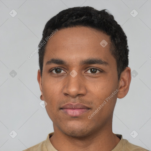 Neutral black young-adult male with short  black hair and brown eyes
