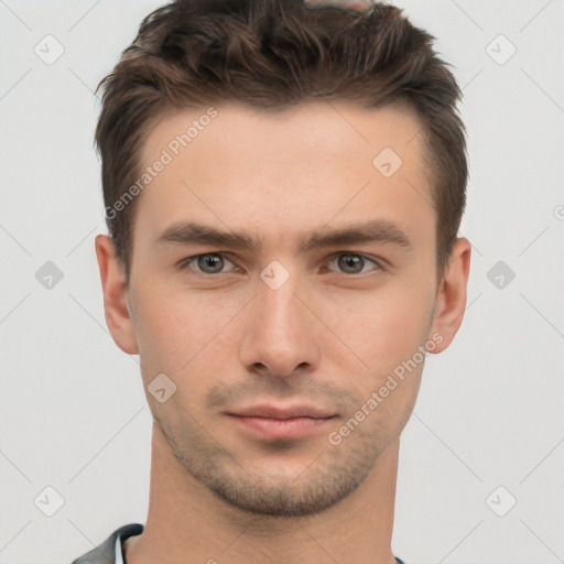 Neutral white young-adult male with short  brown hair and brown eyes