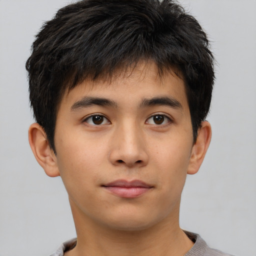 Neutral asian young-adult male with short  brown hair and brown eyes