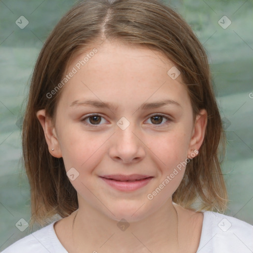 Joyful white child female with medium  brown hair and brown eyes