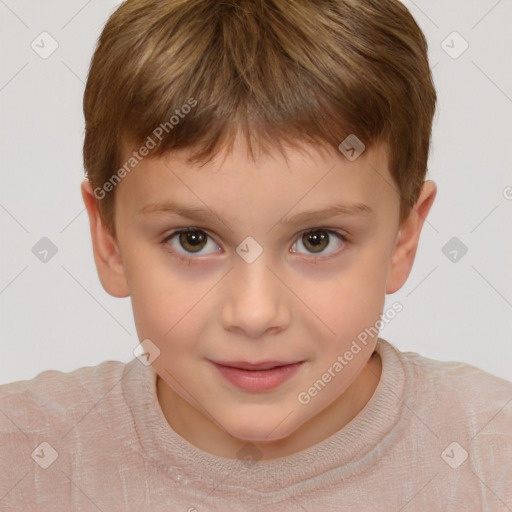 Joyful white child male with short  brown hair and brown eyes