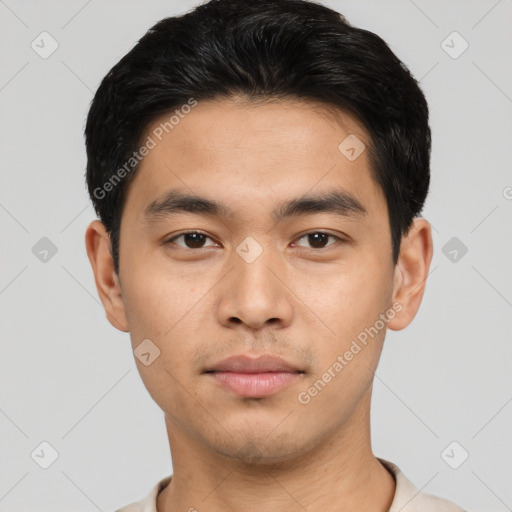 Neutral asian young-adult male with short  black hair and brown eyes