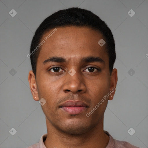 Neutral latino young-adult male with short  brown hair and brown eyes