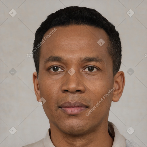 Neutral black young-adult male with short  black hair and brown eyes
