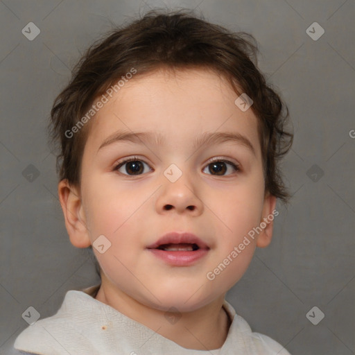 Joyful white child female with short  brown hair and brown eyes