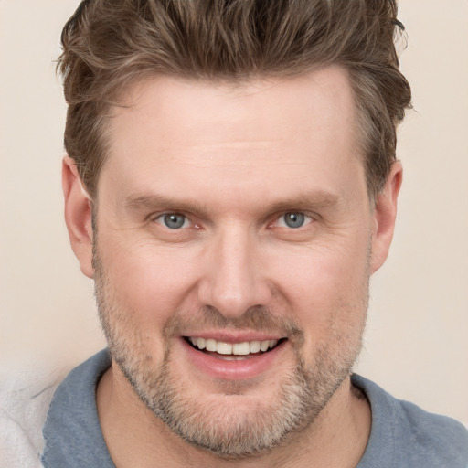 Joyful white adult male with short  brown hair and grey eyes