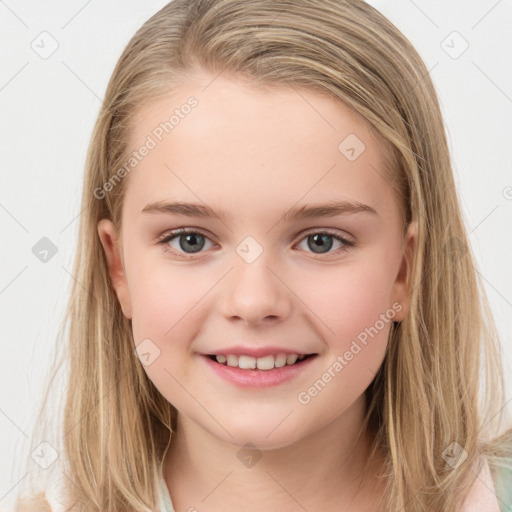 Joyful white child female with long  brown hair and brown eyes