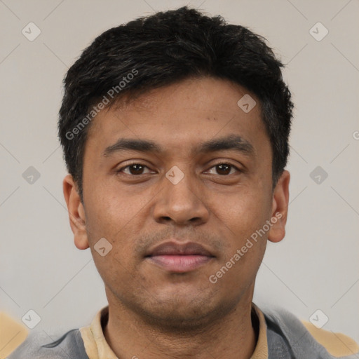 Neutral latino young-adult male with short  black hair and brown eyes