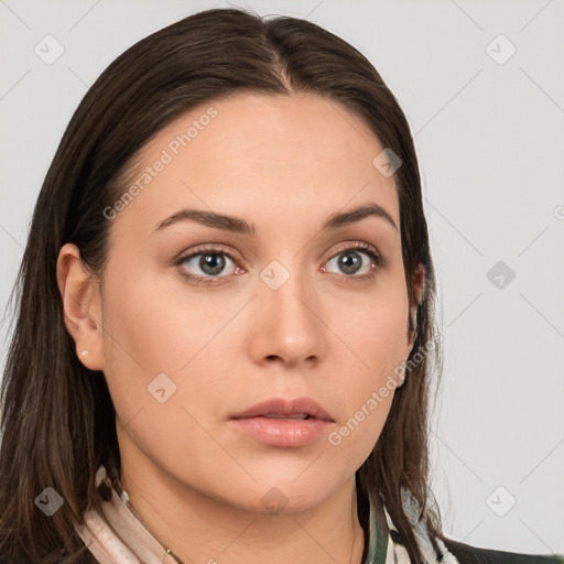 Neutral white young-adult female with medium  brown hair and brown eyes