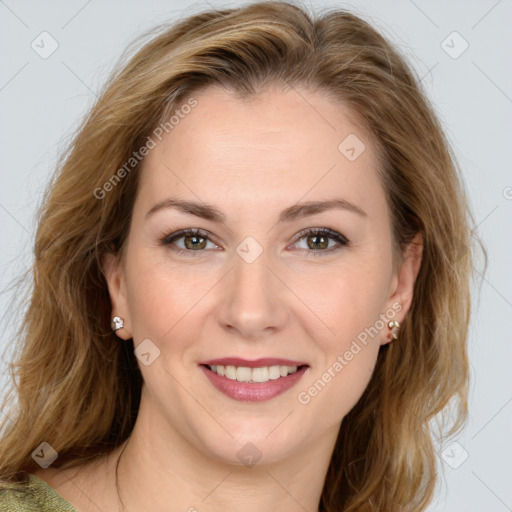 Joyful white young-adult female with medium  brown hair and green eyes