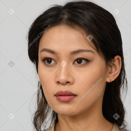 Neutral asian young-adult female with long  brown hair and brown eyes