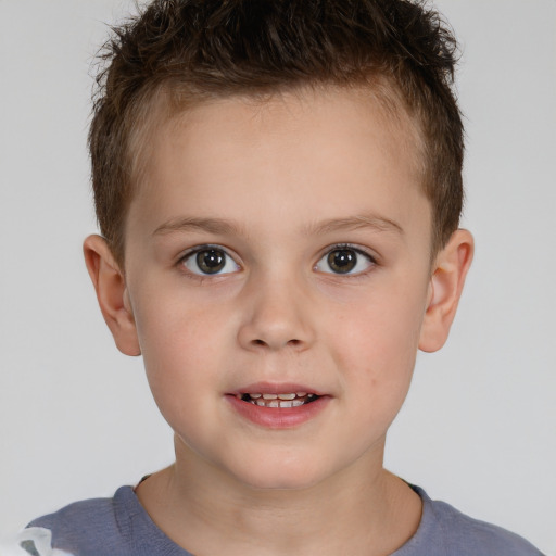 Joyful white child female with short  brown hair and brown eyes