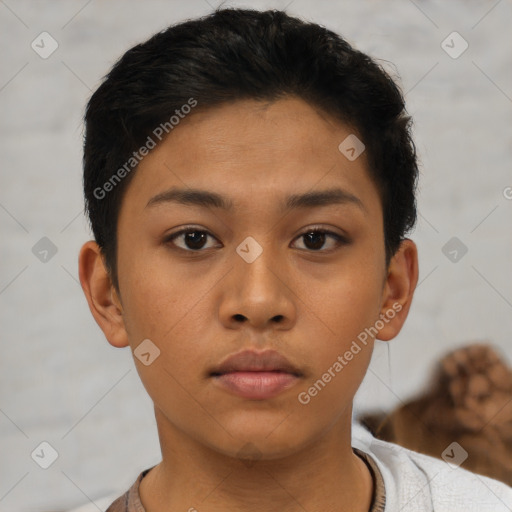 Neutral asian young-adult female with short  brown hair and brown eyes