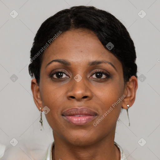Neutral black adult female with short  brown hair and brown eyes