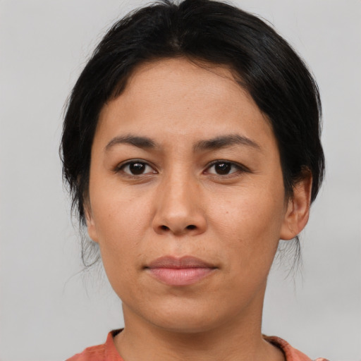 Neutral asian young-adult female with medium  brown hair and brown eyes