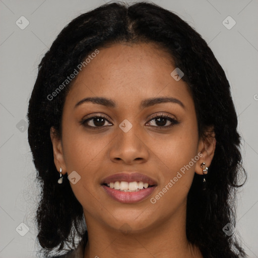 Joyful latino young-adult female with long  black hair and brown eyes