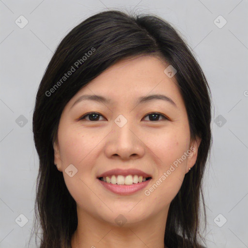 Joyful white young-adult female with long  brown hair and brown eyes