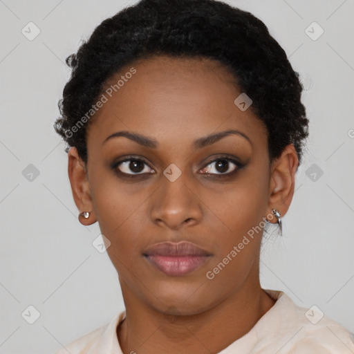 Neutral latino young-adult female with short  black hair and brown eyes