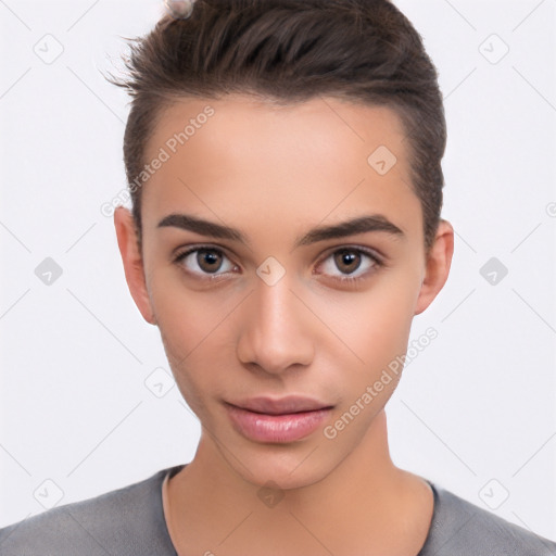 Neutral white young-adult female with short  brown hair and brown eyes