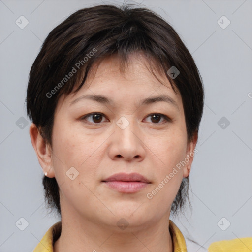 Neutral white young-adult female with medium  brown hair and brown eyes