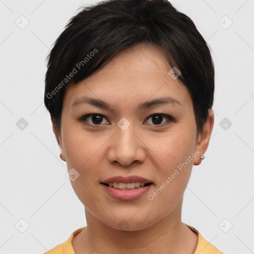 Joyful white young-adult female with short  brown hair and brown eyes