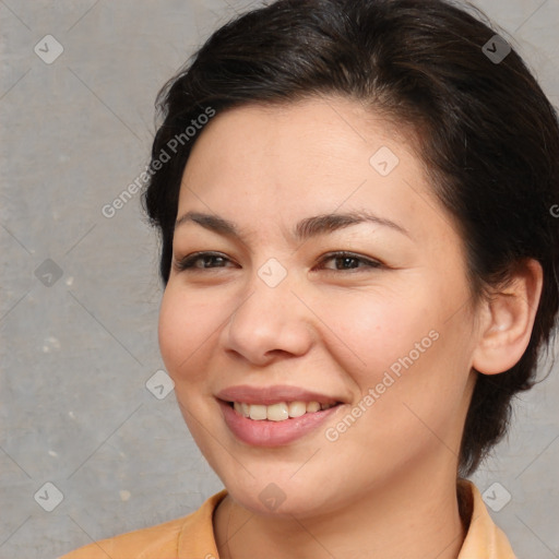 Joyful white young-adult female with medium  brown hair and brown eyes