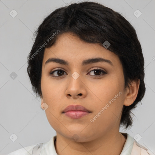 Neutral latino young-adult female with medium  black hair and brown eyes