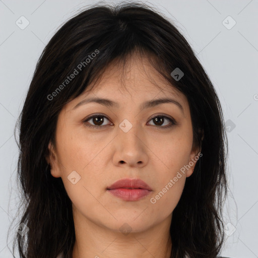 Neutral asian young-adult female with long  brown hair and brown eyes