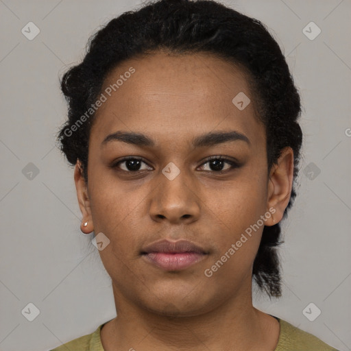 Neutral black young-adult female with short  black hair and brown eyes