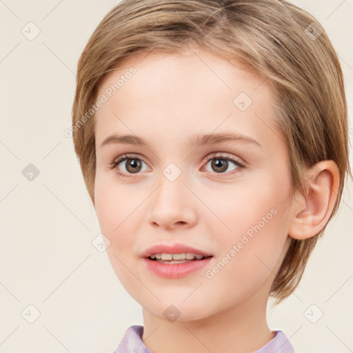 Joyful white child female with medium  brown hair and brown eyes