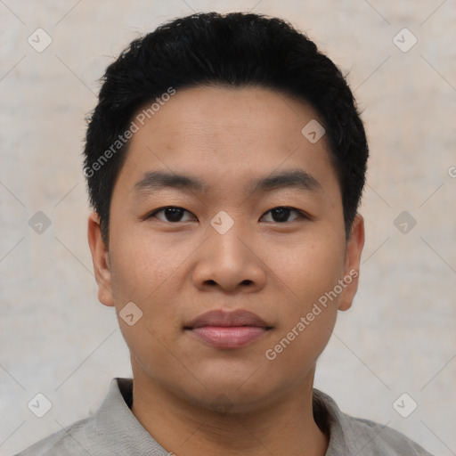 Neutral asian young-adult male with short  black hair and brown eyes