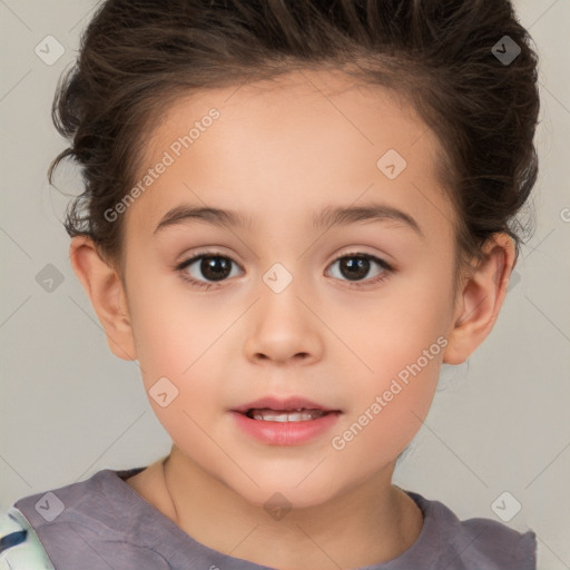 Joyful white child female with short  brown hair and brown eyes