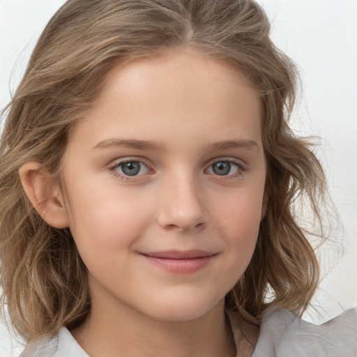 Joyful white child female with medium  brown hair and grey eyes