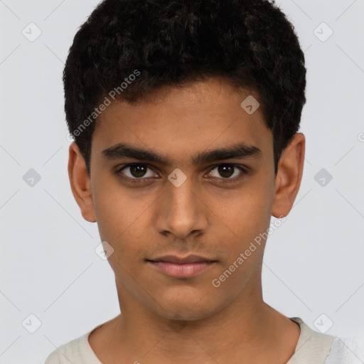 Neutral latino young-adult male with short  brown hair and brown eyes