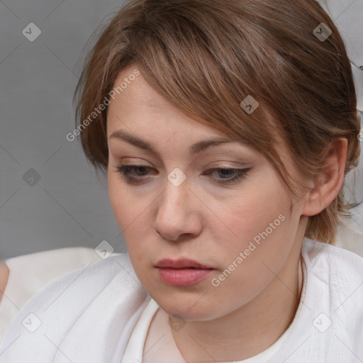 Neutral white young-adult female with medium  brown hair and brown eyes