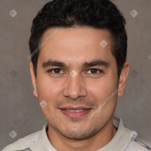 Joyful white young-adult male with short  black hair and brown eyes