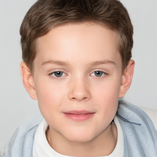 Joyful white child female with short  brown hair and brown eyes