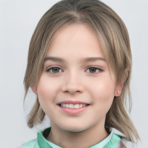 Joyful white child female with medium  brown hair and green eyes