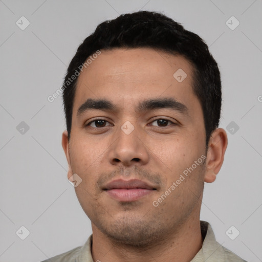 Neutral latino young-adult male with short  black hair and brown eyes