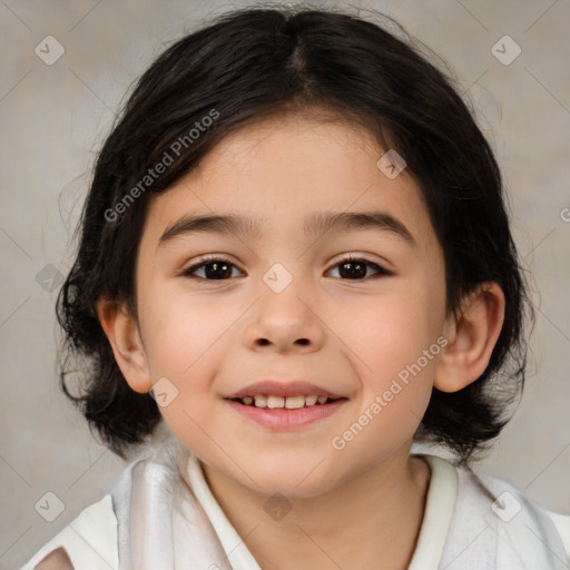 Joyful white child female with medium  brown hair and brown eyes