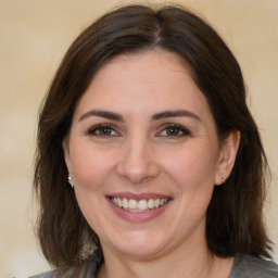 Joyful white adult female with medium  brown hair and brown eyes