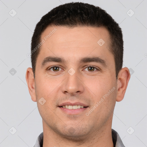 Joyful white young-adult male with short  brown hair and brown eyes