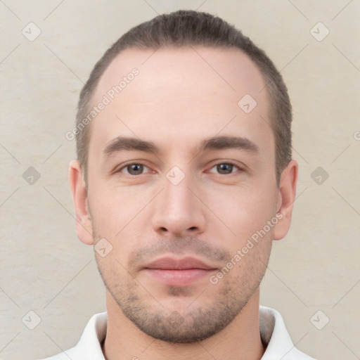 Neutral white young-adult male with short  brown hair and brown eyes