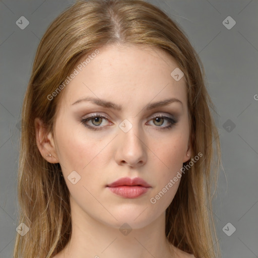 Neutral white young-adult female with long  brown hair and brown eyes