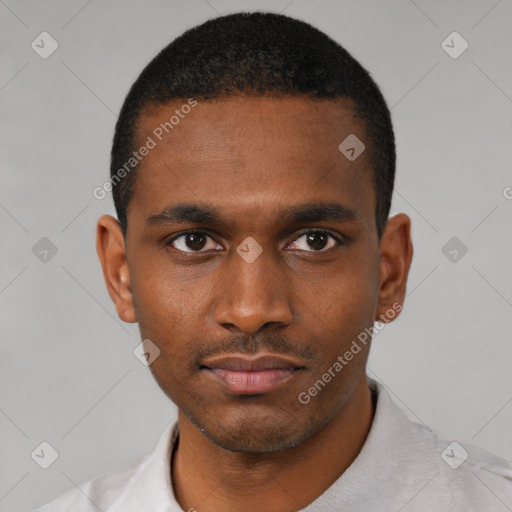 Neutral black young-adult male with short  black hair and brown eyes