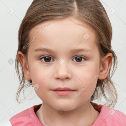 Neutral white child female with medium  brown hair and grey eyes