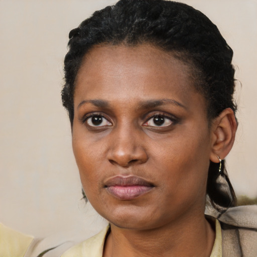 Neutral black young-adult female with short  black hair and brown eyes