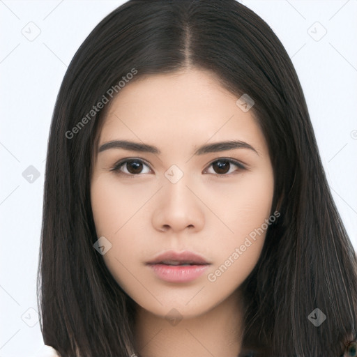 Neutral asian young-adult female with long  black hair and brown eyes