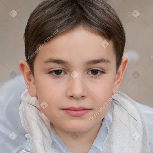 Joyful white child female with short  brown hair and brown eyes